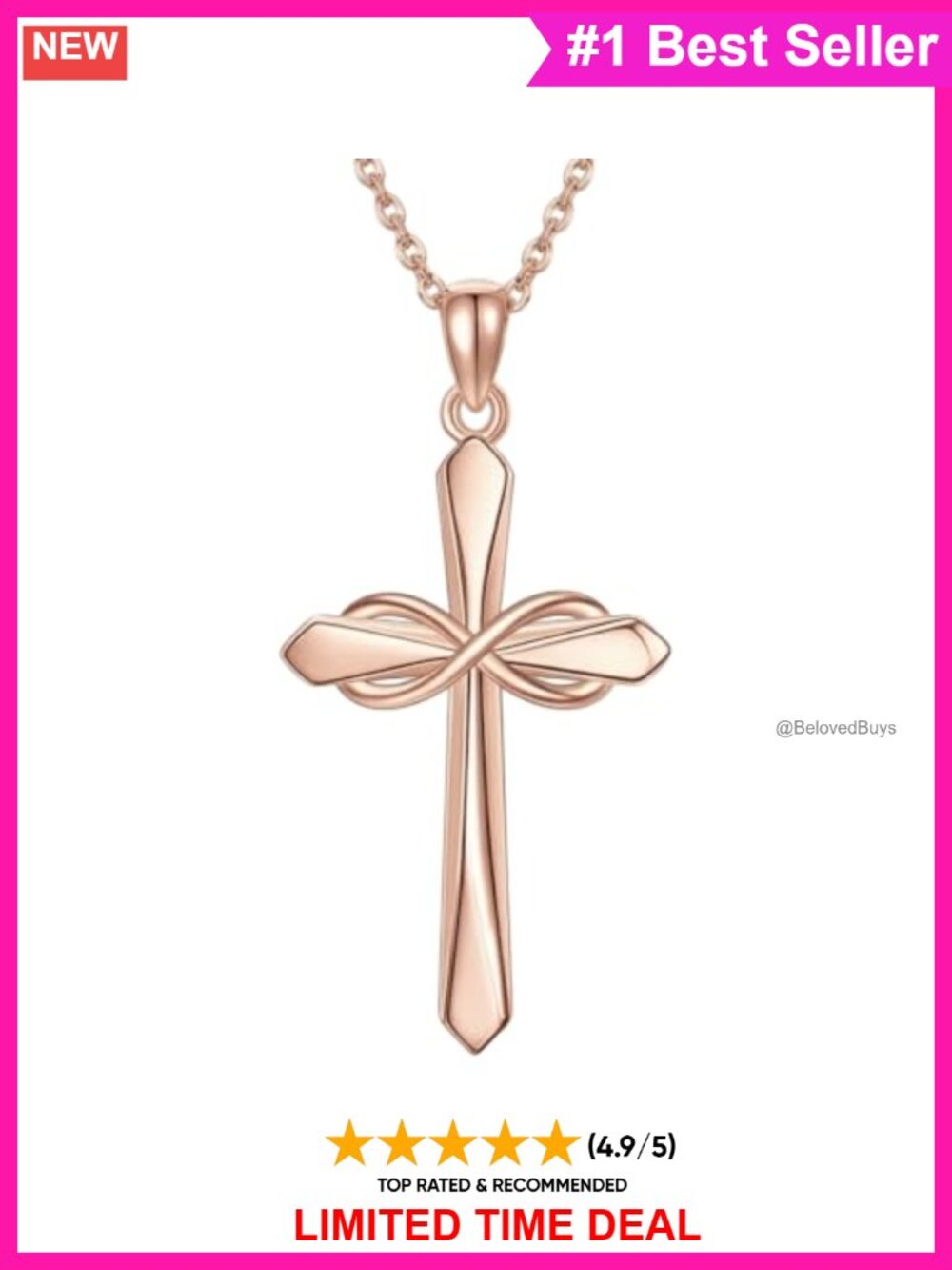 18K Rose Gold Plated Infinity Cross Necklace Cubic Zirconia Pendant